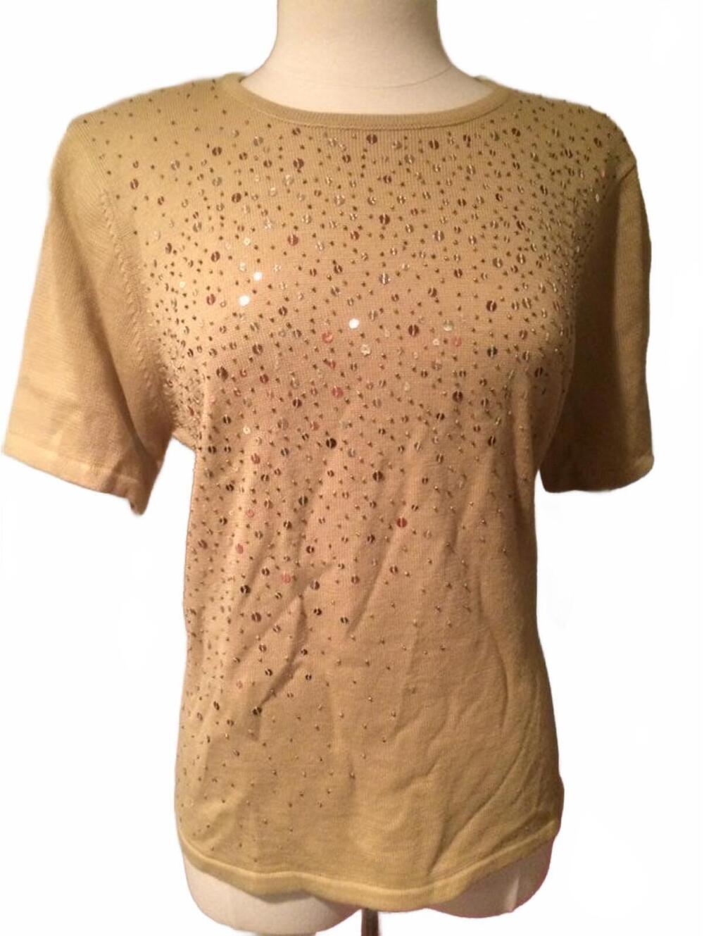 Alfred Dunner Beige Sequin Embellished Short Sleeve Sweater Size Large